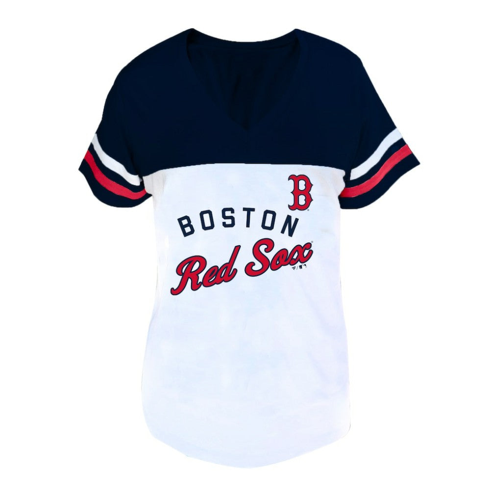 Boston Red Sox Profile Women's Plus Size Two-Stripe V-Neck T-Shirt White/Navy