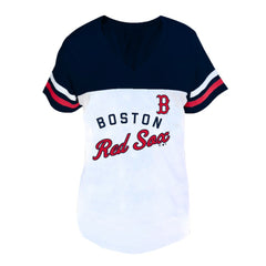 Boston Red Sox Profile Women's Plus Size Two-Stripe V-Neck T-Shirt White/Navy