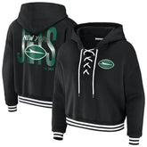 New York Jets WEAR by Erin Andrews Women's Lace-Up Fleece Hoodie - Black for sale