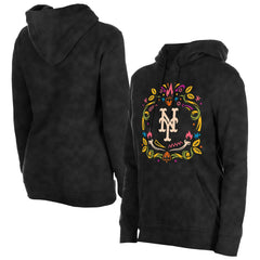 New York Mets Women's Día de Muertos Mineral Wash Hoodie Sweatshirt Black