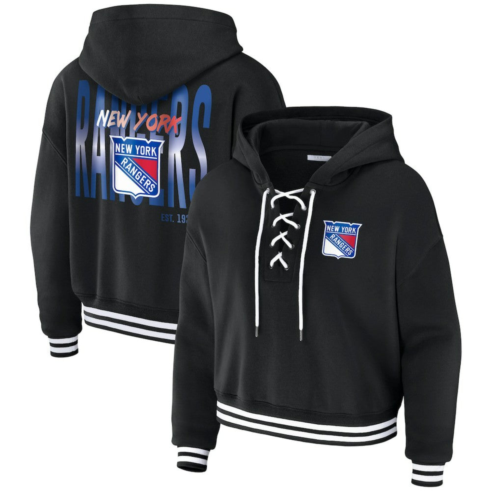 New York Rangers WEAR by Erin Andrews Women's Cropped Lace-Up Hoodie - Black Hoodies