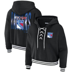 New York Rangers WEAR by Erin Andrews Women's Cropped Lace-Up Hoodie - Black Hoodies