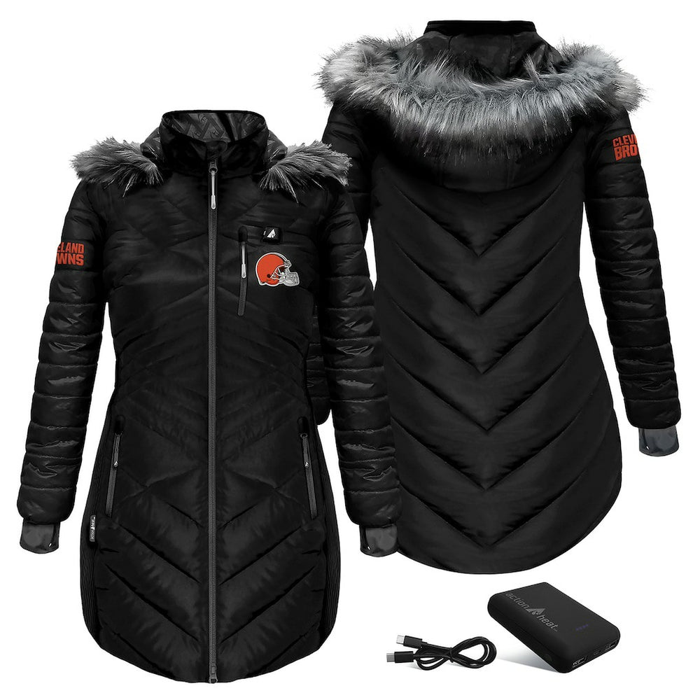 Cleveland Browns ActionHeat Women's 5V Battery Heated Long Puffer Full-Zip Hoodie Jacket - Black cheap