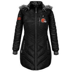 Cleveland Browns ActionHeat Women's 5V Battery Heated Long Puffer Full-Zip Hoodie Jacket - Black cheap
