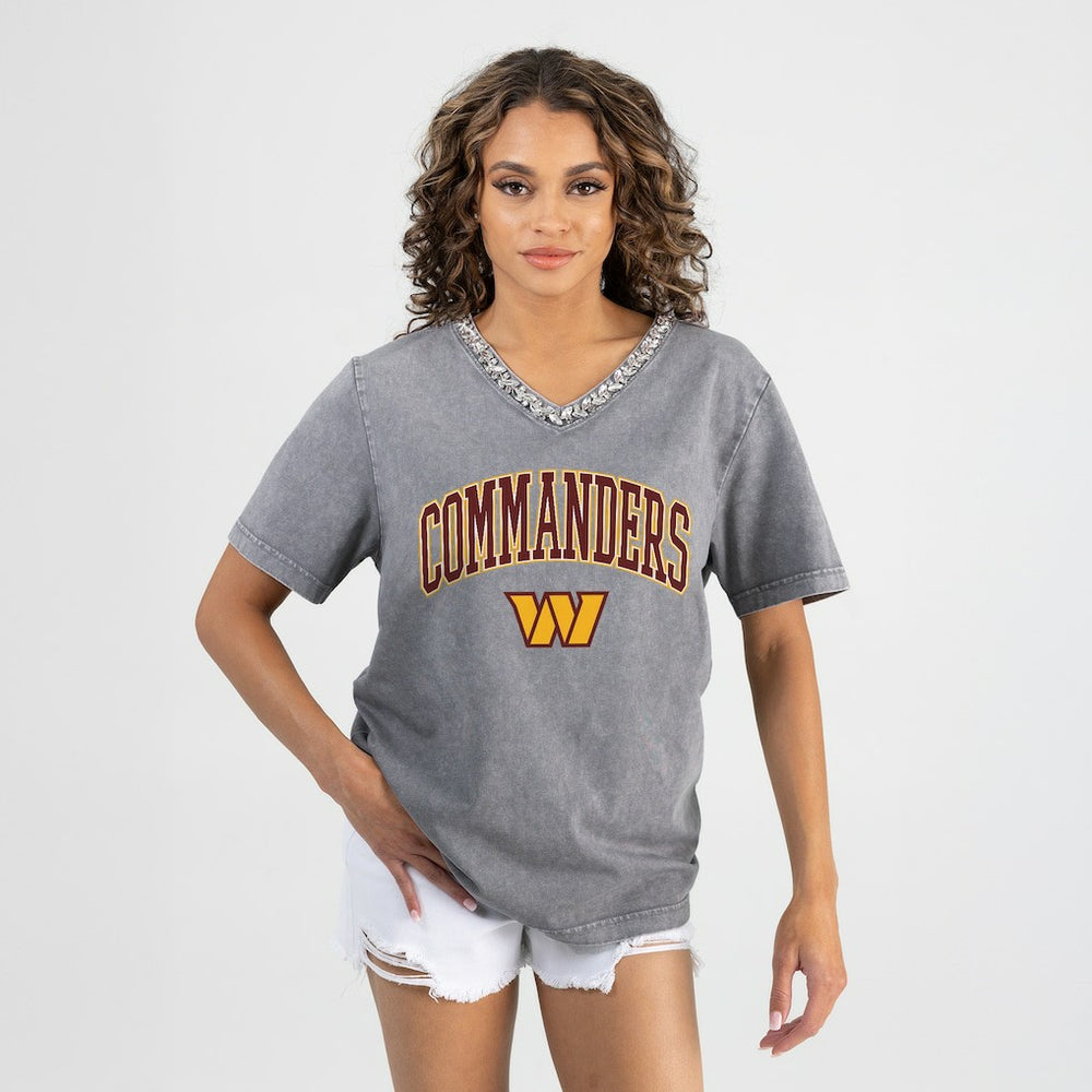Washington Commanders Gameday Couture Women's Relaxed Iconic Edge Rhinestone V-Neck T-Shirt - Gray outlet