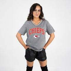 Kansas City Chiefs Gameday Couture Women's Relaxed Iconic Edge Rhinestone V-Neck T-Shirt - Gray online