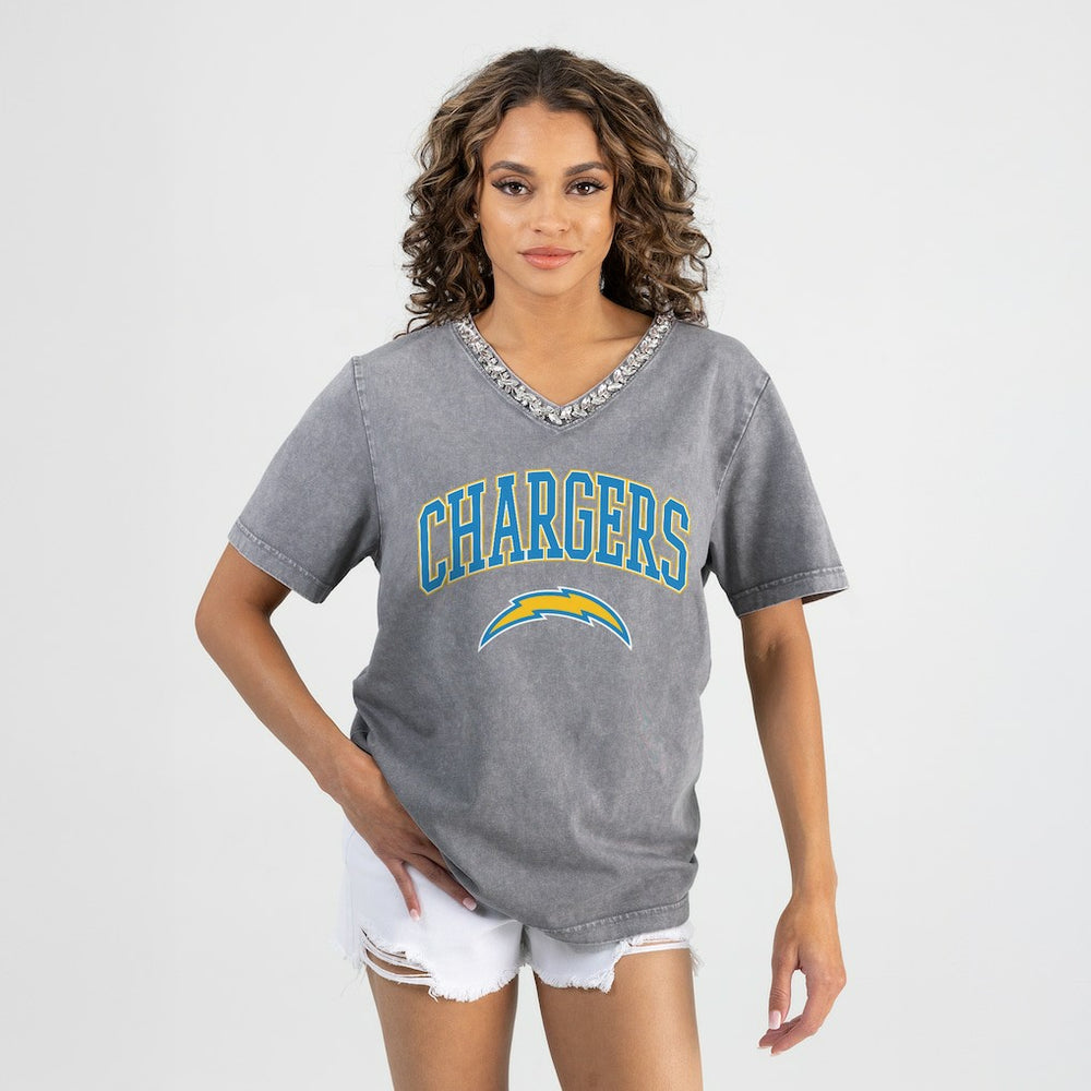 Los Angeles Chargers Gameday Couture Women's Relaxed Iconic Edge Rhinestone V-Neck T-Shirt - Gray discount
