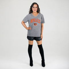 Cincinnati Bengals Gameday Couture Women's Relaxed Iconic Edge Rhinestone V-Neck T-Shirt - Gray on sale