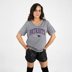 New England Patriots Gameday Couture Women's Relaxed Iconic Edge Rhinestone V-Neck T-Shirt - Gray cheap