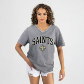New Orleans Saints Gameday Couture Women's Relaxed Iconic Edge Rhinestone V-Neck T-Shirt - Gray outlet