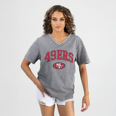 San Francisco 49ers Gameday Couture Women's Relaxed Iconic Edge Rhinestone V-Neck T-Shirt - Gray online