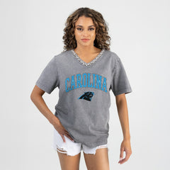 Carolina Panthers Gameday Couture Women's Relaxed Iconic Edge Rhinestone V-Neck T-Shirt - Gray discount