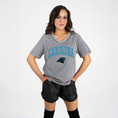 Carolina Panthers Gameday Couture Women's Relaxed Iconic Edge Rhinestone V-Neck T-Shirt - Gray discount