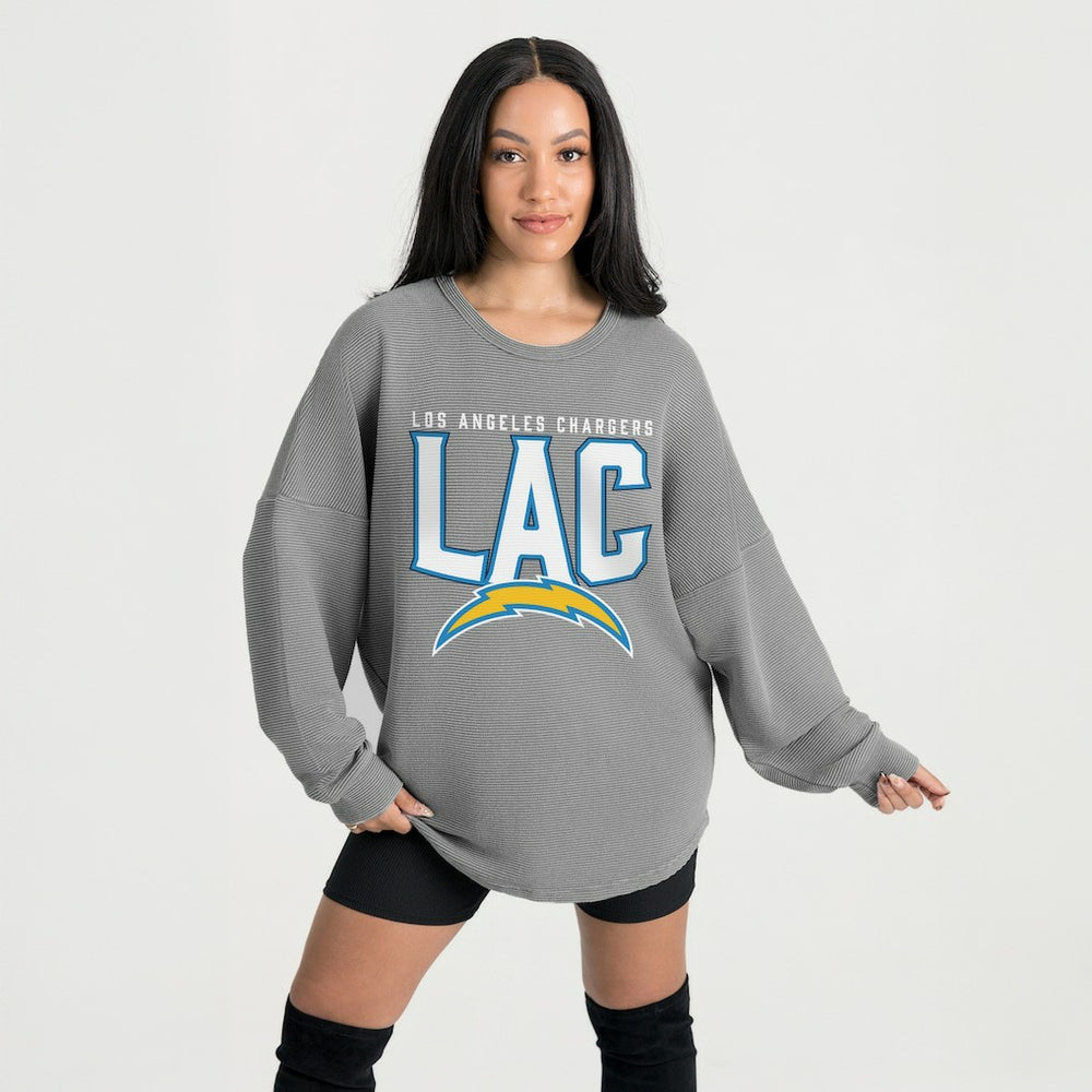 Los Angeles Chargers Gameday Couture Women's Oversized Pure Motion Corded Sweatshirt - Gray for sale