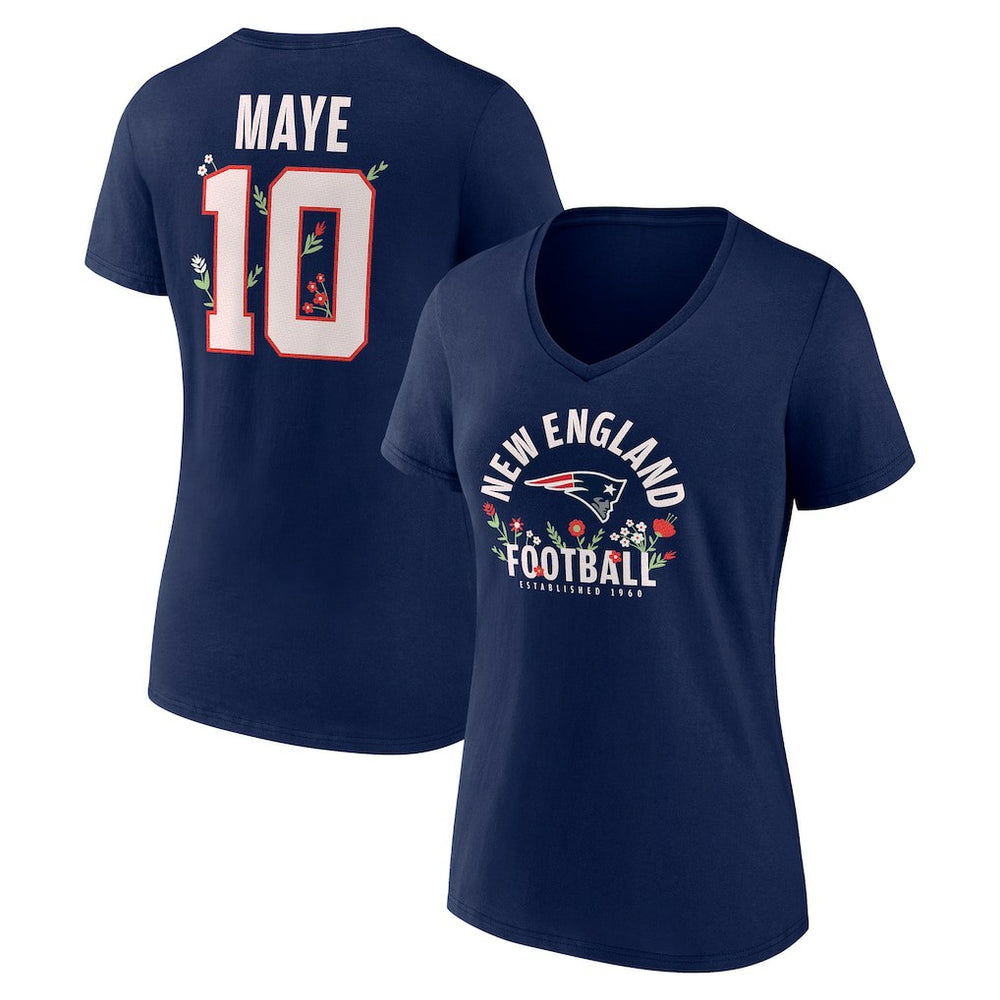 Drake Maye New England Patriots Women's Floral Name & Number V-Neck T-Shirt - Navy online