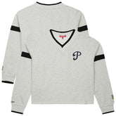Philadelphia Phillies Women's Cooperstown Collection V-Neck Cropped Toggle Sweatshirt Heather Gray