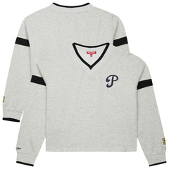 Philadelphia Phillies Women's Cooperstown Collection V-Neck Cropped Toggle Sweatshirt Heather Gray