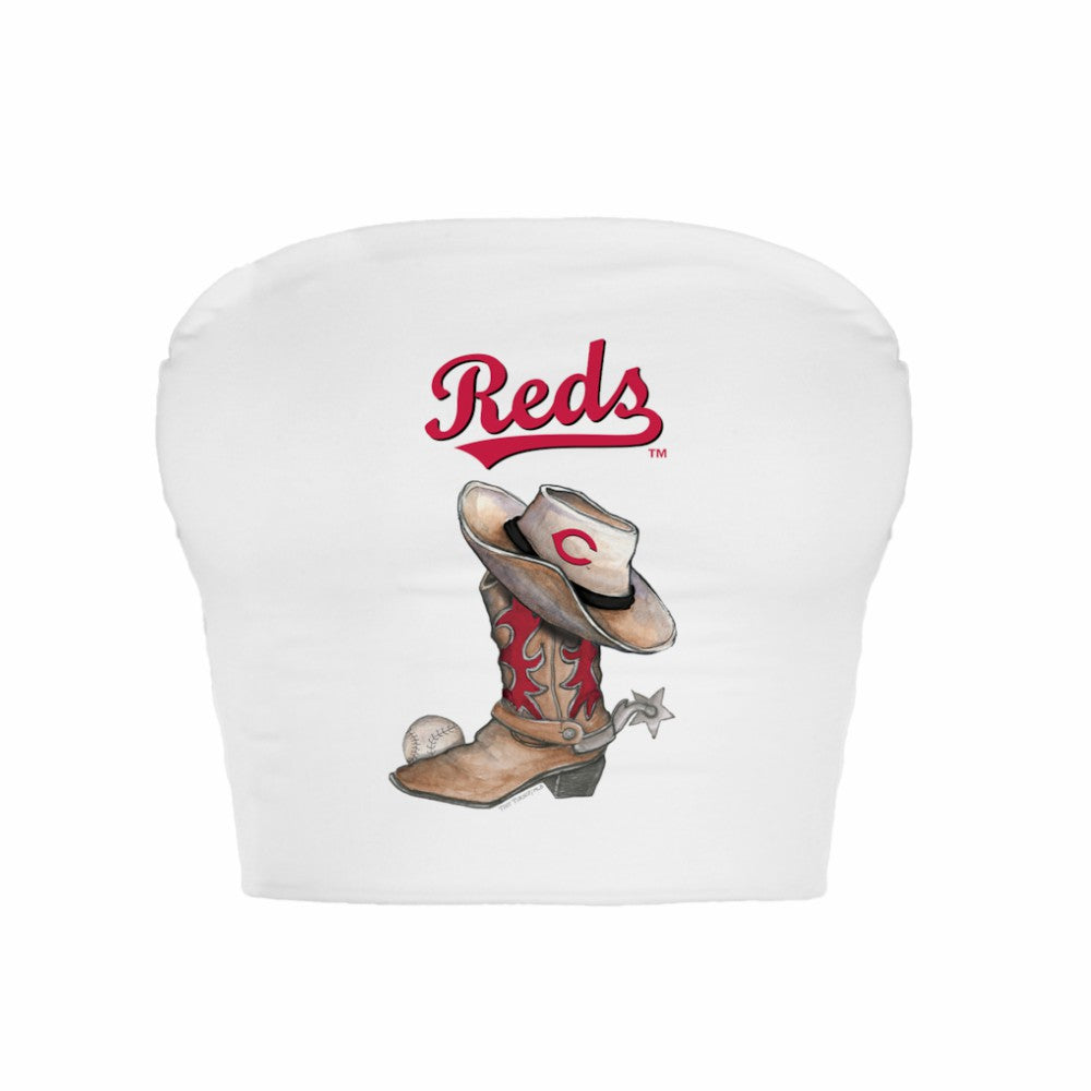 Cincinnati Reds Tiny Turnip Women's Cowboy Boot Crop Tube Top White