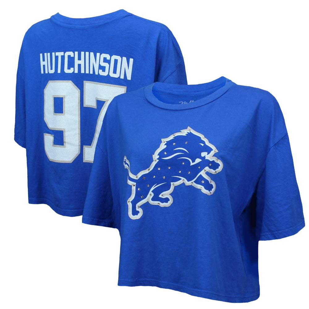 Aidan Hutchinson Detroit Lions Majestic Threads Women's Swarovski Crystals Boxy Cropped Name & Number T-Shirt - Blue on sale