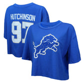 Aidan Hutchinson Detroit Lions Majestic Threads Women's Swarovski Crystals Boxy Cropped Name & Number T-Shirt - Blue on sale