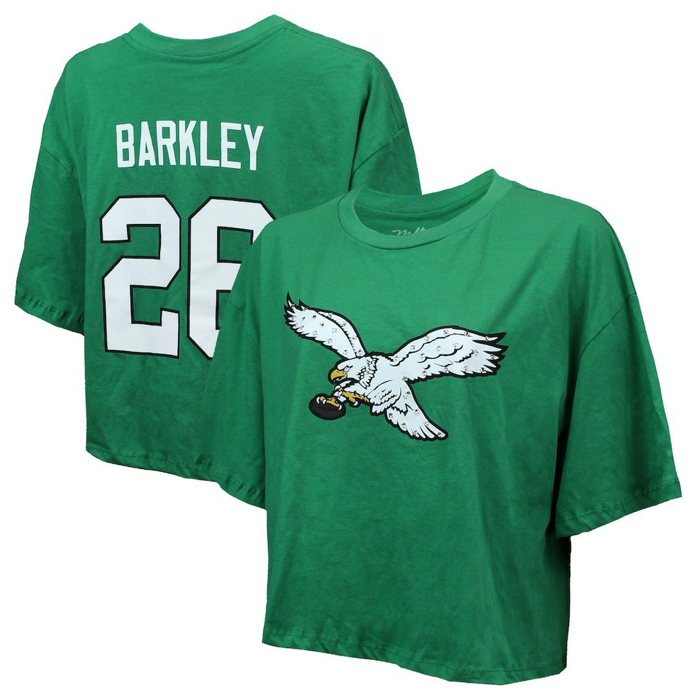 Saquon Barkley Philadelphia Eagles Majestic Threads Women's Swarovski Crystals Boxy Cropped Name & Number T-Shirt - Kelly Green outlet