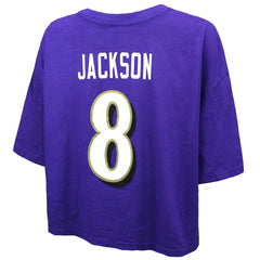 Lamar Jackson Baltimore Ravens Majestic Threads Women's Swarovski Crystals Boxy Cropped Name & Number T-Shirt - Purple for sale