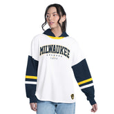 Milwaukee Brewers G-III 4Her by Carl Banks Women's Key Player Oversized Hooded Long Sleeve T-Shirt White/Navy