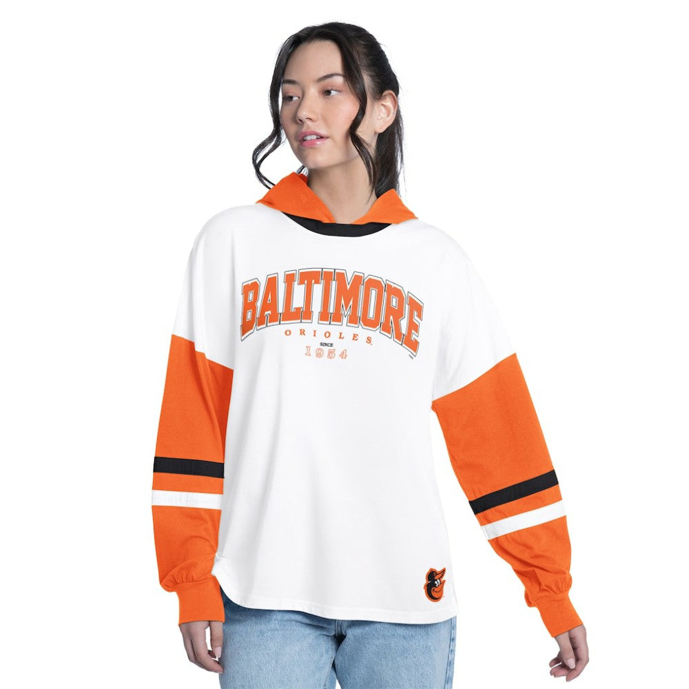 Baltimore Orioles G-III 4Her by Carl Banks Women's Key Player Oversized Hooded Long Sleeve T-Shirt White/Orange
