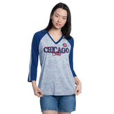 Chicago Cubs G-III 4Her by Carl Banks Women's Speed Training 3/4-Sleeve Rhinestone V-Neck T-Shirt Royal/Heather Gray