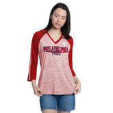 Philadelphia Phillies G-III 4Her by Carl Banks Women's Speed Training 3/4-Sleeve Rhinestone V-Neck T-Shirt Red/Heather Red