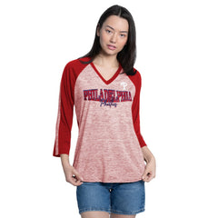 Philadelphia Phillies G-III 4Her by Carl Banks Women's Speed Training 3/4-Sleeve Rhinestone V-Neck T-Shirt Red/Heather Red