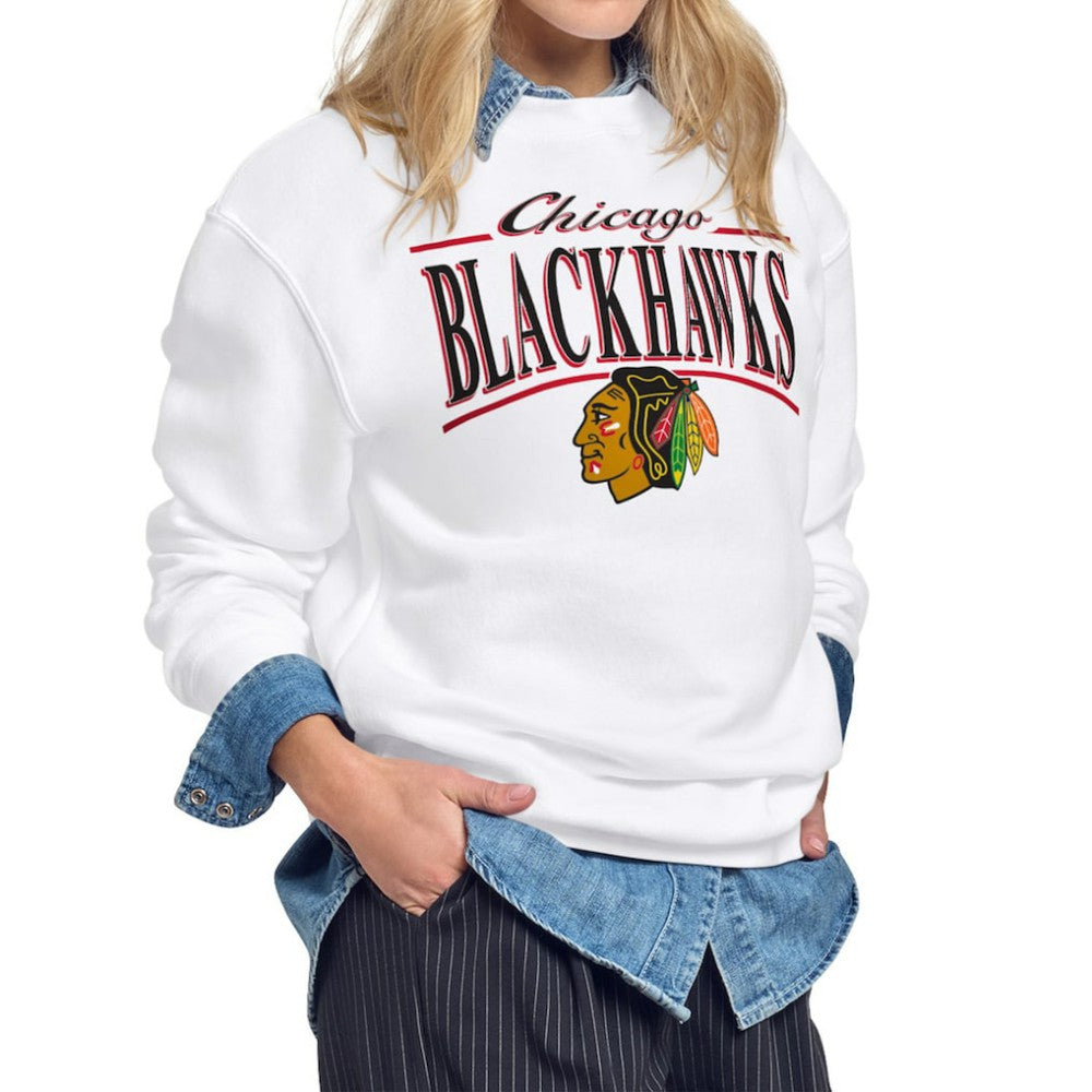 Chicago Blackhawks Starter Women's Arch Stripe Fleece Sweatshirt - White Sweatshirts