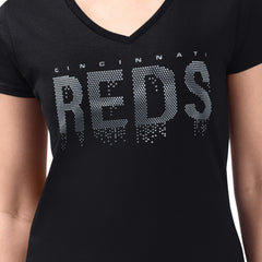 Cincinnati Reds G-III 4Her by Carl Banks Women's Metallic Drop Lightweight V-Neck T-Shirt Black