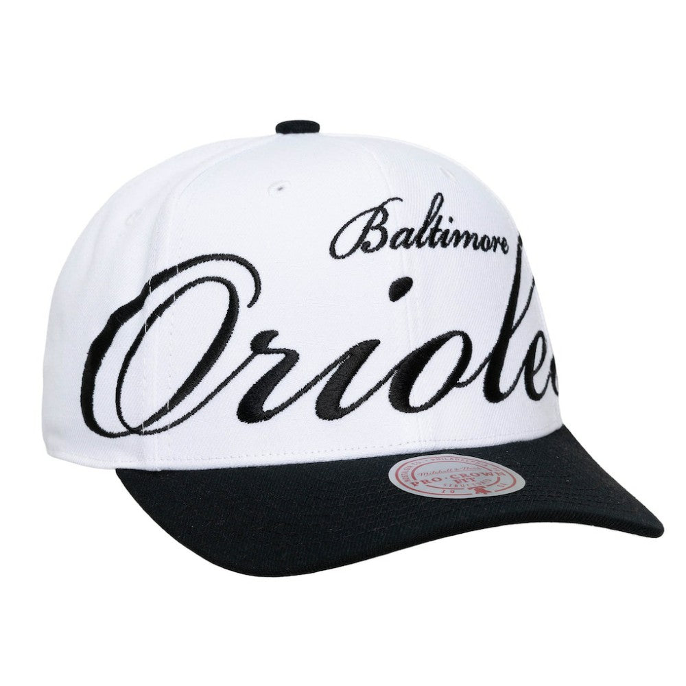 Baltimore Orioles Unisex XL Script Pro Crown Snapback Hat White/Black