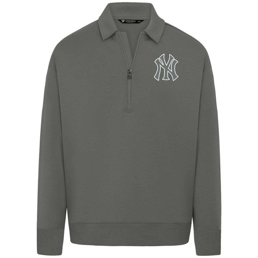 New York Yankees Levelwear Luxe Signature Quarter-Zip Chenille Logo Tri-Blend Sweatshirt Gray