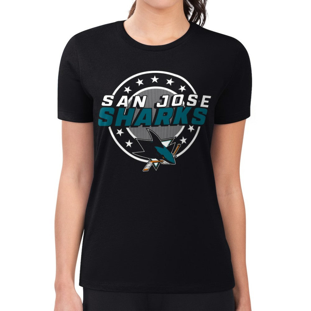 San Jose Sharks G-III 4Her by Carl Banks Women's Super-Slim Lightweight Pinstripe Circle Graphic T-Shirt - Black T-shirts