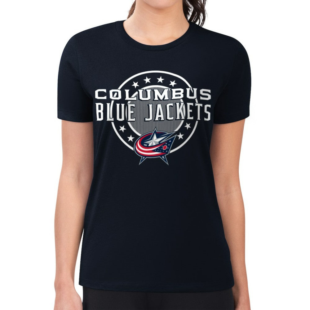Columbus Blue Jackets G-III 4Her by Carl Banks Women's Super-Slim Lightweight Pinstripe Circle Graphic T-Shirt - Navy T-shirts