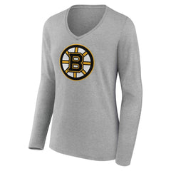 Boston Bruins Women's Primary Logo Long Sleeve V-Neck T-Shirt - Gray T-shirts