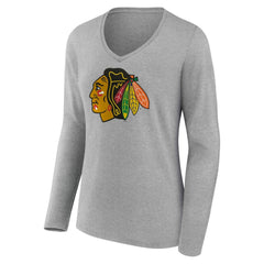 Chicago Blackhawks Women's Primary Logo Long Sleeve V-Neck T-Shirt - Gray T-shirts
