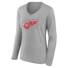 Detroit Red Wings Women's Primary Logo Long Sleeve V-Neck T-Shirt - Gray T-shirts