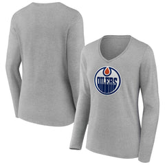 Edmonton Oilers Women's Primary Logo Long Sleeve V-Neck T-Shirt - Gray T-shirts