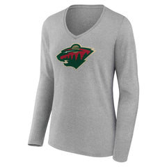 Minnesota Wild Women's Primary Logo Long Sleeve V-Neck T-Shirt - Gray T-shirts