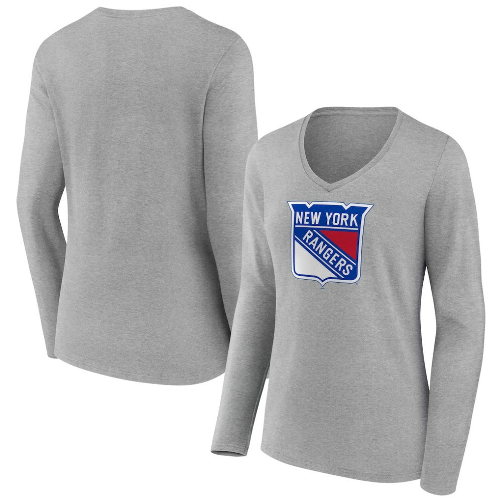 New York Rangers Women's Primary Logo Long Sleeve V-Neck T-Shirt - Gray T-shirts