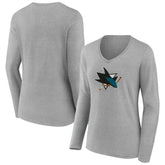 San Jose Sharks Women's Primary Logo Long Sleeve V-Neck T-Shirt - Gray T-shirts