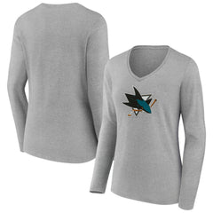 San Jose Sharks Women's Primary Logo Long Sleeve V-Neck T-Shirt - Gray T-shirts