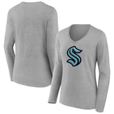 Seattle Kraken Women's Primary Logo Long Sleeve V-Neck T-Shirt - Gray T-shirts