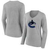 Vancouver Canucks Women's Primary Logo Long Sleeve V-Neck T-Shirt - Gray T-shirts