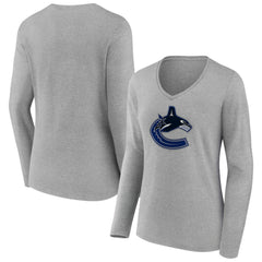 Vancouver Canucks Women's Primary Logo Long Sleeve V-Neck T-Shirt - Gray T-shirts