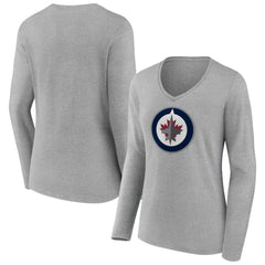 Winnipeg Jets Women's Primary Logo Long Sleeve V-Neck T-Shirt - Gray T-shirts
