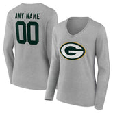 Green Bay Packers Women's Team Authentic Personalized Name & Number Long Sleeve V-Neck T-Shirt - Gray discount